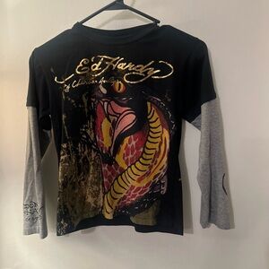 Ed Hardy Black and Gray Long Sleeve Tee with Bold Graphic